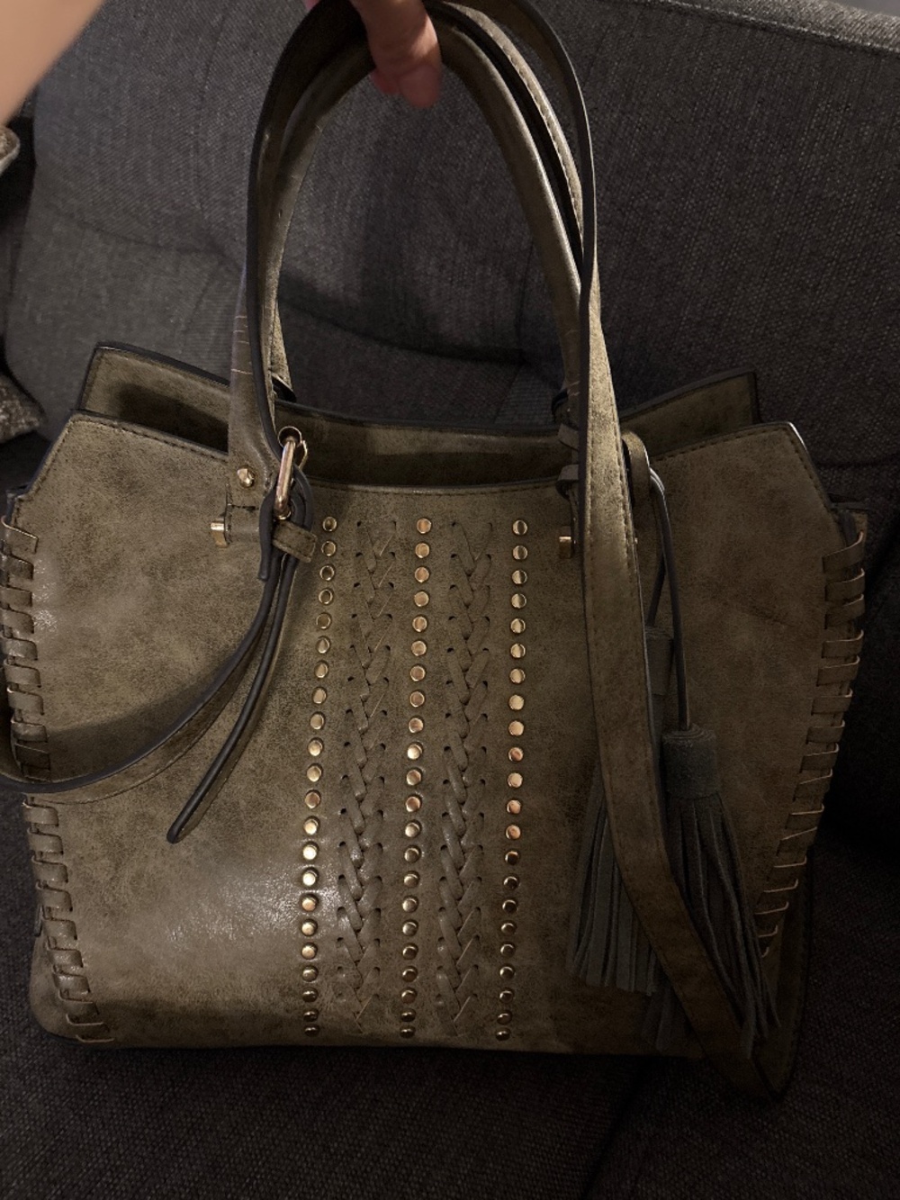 Western inspired olive green studded satchel with tassel